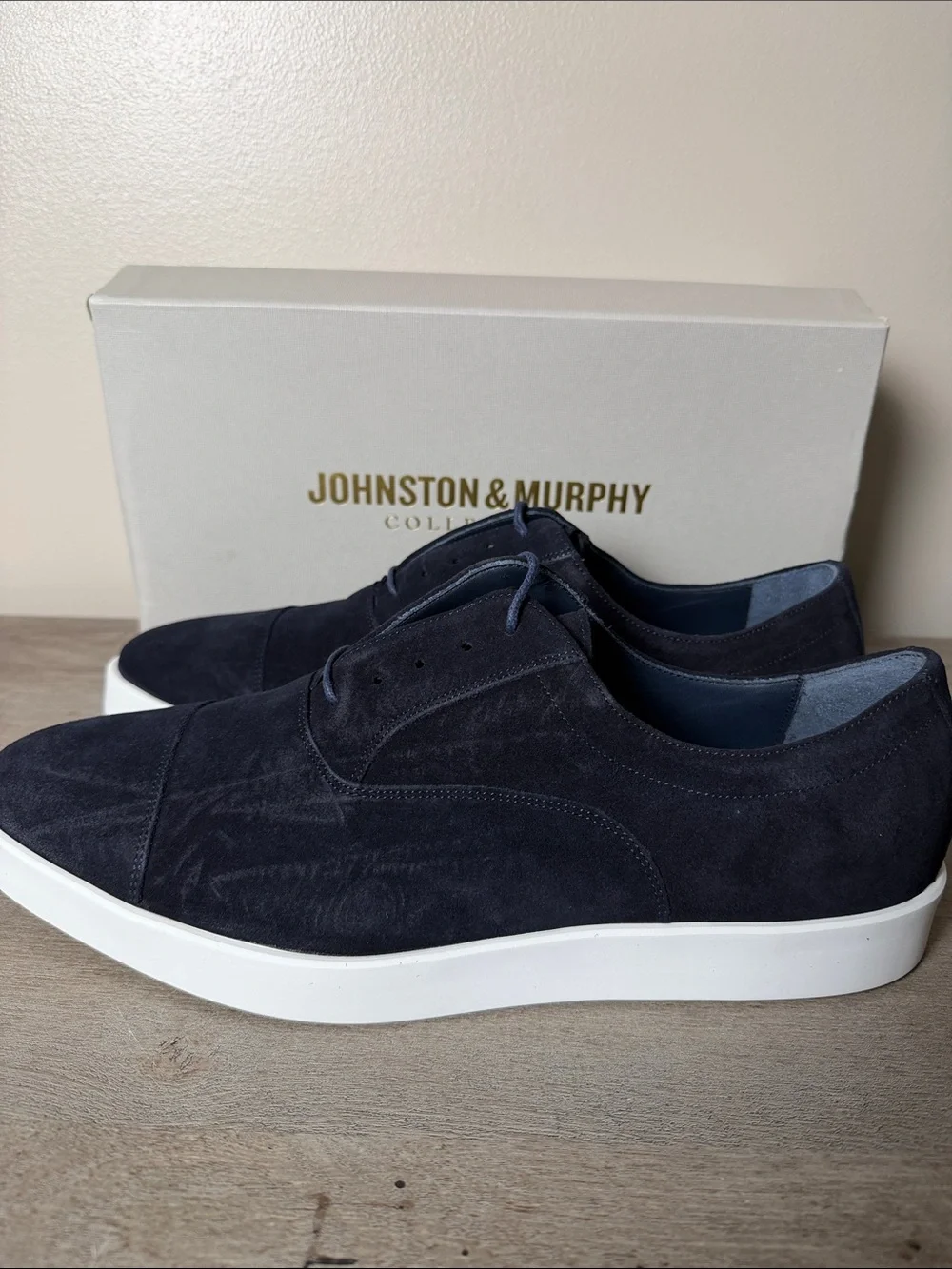 Johnston & Murphy Navy Italian Suede Bolivar Cap Toe with White Sole
